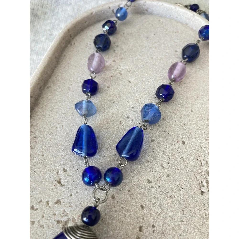 Cobalt Blue Glass Pendant Necklace Purple Beaded‎ Boho Silver Tone Artsy Artisan
